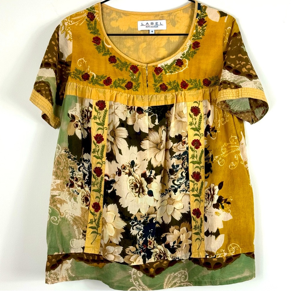 LABEL Ritu Kumar Designer Floral Panel Embroidered Smock Top Boho Hippie